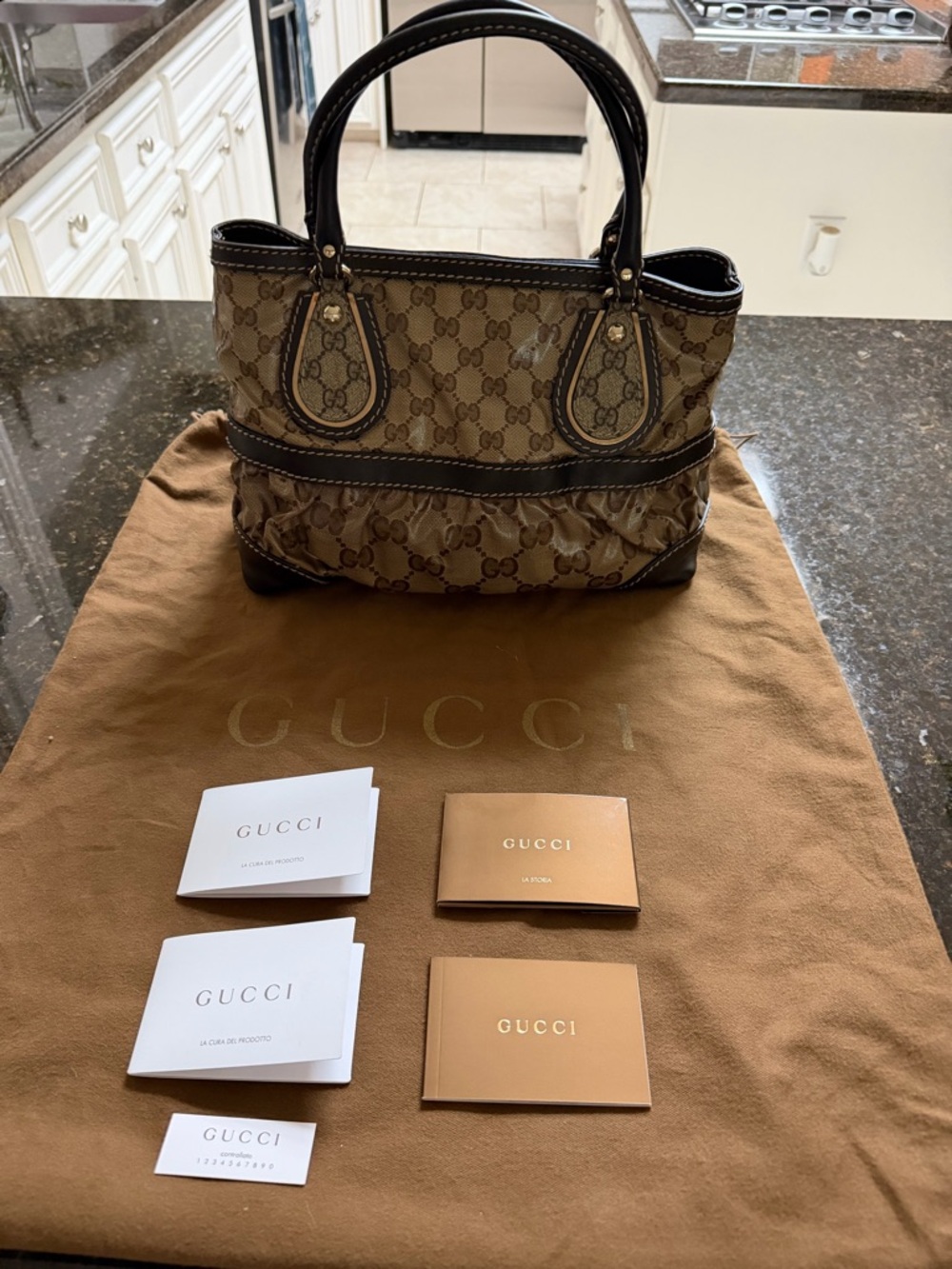 Gucci Tan Brown GG Canvas Tote with Dark Brown Leather Trim